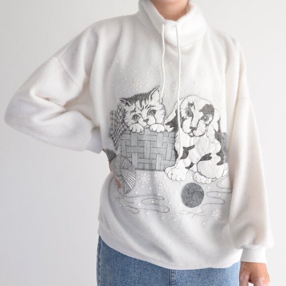Vintage White Grey Dog Cat Christmas Puff Print Pullover Mock Neck Sweater L - Picture 2 of 12